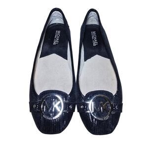 Michael Kors 6M Black Leather Ballet Flats Slip On Logo Rubber Soles Msrp $110